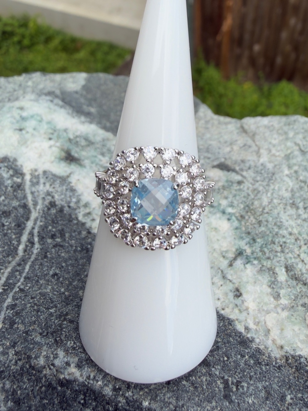 The Celeste Ring Aquamarine Cubic Zirconia Double Halo Statement Ring - Picture 2 of 10